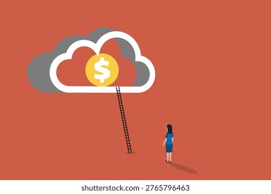 Cloud-based accounting software, digital investment platforms, and long-term financial dreaming. The ladder symbolizes the step-by-step approach required to reach lofty financial targets and the accessibility of digital wealth management