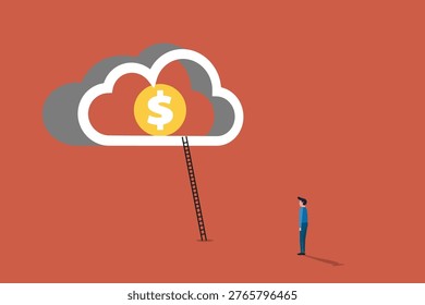 Cloud-based accounting software, digital investment platforms, and long-term financial dreaming. The ladder symbolizes the step-by-step approach required to reach lofty financial targets and the accessibility of digital wealth management