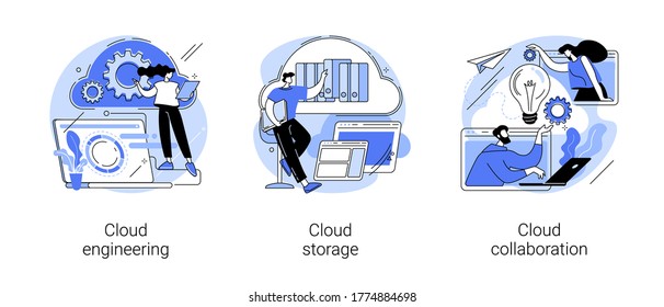 Cloud-based Computing Abstract Concept Vector Illustration Set. Cloud Engineering, Storage And Collaboration, Hosted Data Storage, Database Security, Remote Business Solutions Abstract Metaphor.