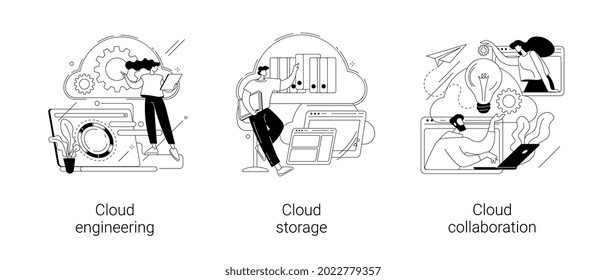 Cloud-based computing abstract concept vector illustration set. Cloud engineering, storage and collaboration, hosted data storage, database security, remote business solutions abstract metaphor.