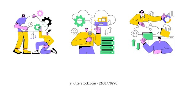 Cloud-based computing abstract concept vector illustration set. Cloud engineering, storage and collaboration, hosted data storage, database security, remote business solutions abstract metaphor.