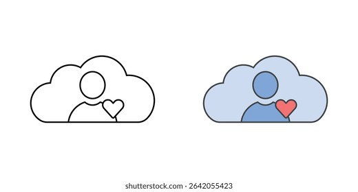 Cloud-based CRM icon with a cloud, person avatar, and heart, shown in outline and color styles, perfect for illustrating customer engagement and relationship management tools.