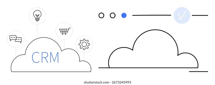 Cloud-based CRM system with icons for communication, light bulb, shopping cart, and gear. Ideal for business management, customer relationships, data storage, cloud computing, innovation real-time