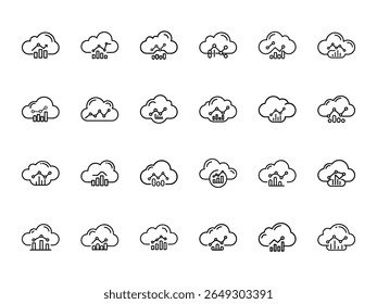 Conjunto de Ícones de Análise de Dados Baseada em Nuvem 24 Ilustrações de Símbolos de Nuvem e Gráfico de Estilo de Linha Mínimo para Web, IU de Aplicativo, Painel SaaS, Visualização de Dados e Design de Computação em Nuvem