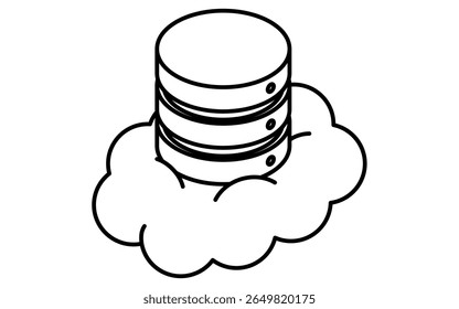 Cloud-based data server isometric line icon with stacked cylindrical database shape and cloud element, black and white, Vector Illustration