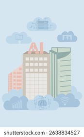 Cloud-Based Enterprise AI Office with Digital Collaboration Icons - Flat Style Illustration