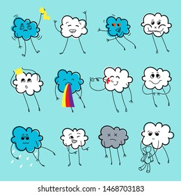 The cloud-based set of emoticons with different moods.Vector cartoon style comic set.