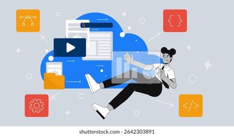 Cloud-based web development 2D illustration concept. Black woman developer floating amidst programming code, data charts, media cartoon conceptual abstract vector art. Flat metaphor on grey background