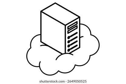 Cloud-based web server isometric line icon with front-facing rectangular server and cloud element, black and white, Vector Illustration