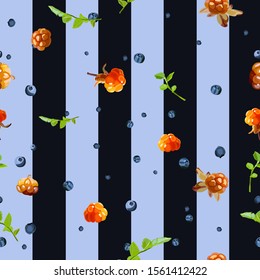 cloudberries and blueberries on a striped background