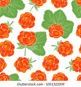 Cloudberry. Berries, leaves. On a white background. Seamless, wallpaper.