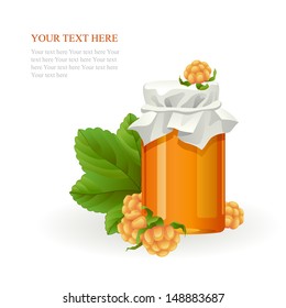 Cloudberry jam jar with fresh berry isolated on white background