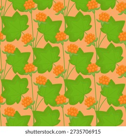 Cloudberry on orange color  background. Seamless pattern under clipping mask. Orange berries with green leaves in the flat style, isolated. Background for paper, cover, textile, gift wrap, packaging. 