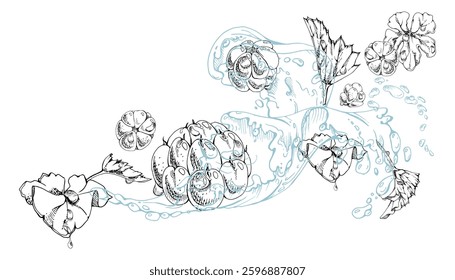Cloudberry raspberry flying in water splash with plant leaves and drops, hand drawn vector ink, ripe summer forest berry. Isolated illustration, for restaurant, cafe menu, wedding, farmers market