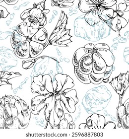 Cloudberry raspberry flying in water splashes with drops, ice cubes, hand drawn vector ink, line forest berry leaves. Seamless pattern illustration for restaurant, cafe menu, wedding, farmers market