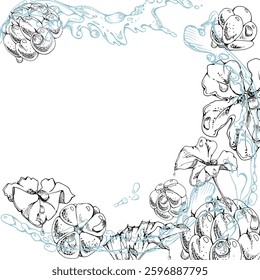 Cloudberry raspberry flying in wave water splashes with drops, hand drawn vector ink, ripe line forest berry and leaves. Square frame illustration for restaurant, cafe menu, wedding, farmers market