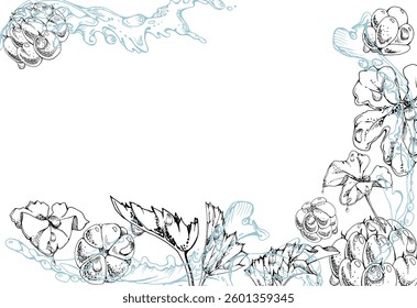 Cloudberry raspberry flying in wave water splashes with drops, hand drawn vector ink, ripe line forest berry and leaves. Border frame illustration for restaurant, cafe menu, wedding, farmers market