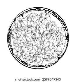 Cloudberry raspberry heap on ceramic plate, hand drawn vector ink, ripe line Scandinavian forest berry. Isolated illustration. Restaurant, dessert cafe menu, home preserves, farmers market harvest