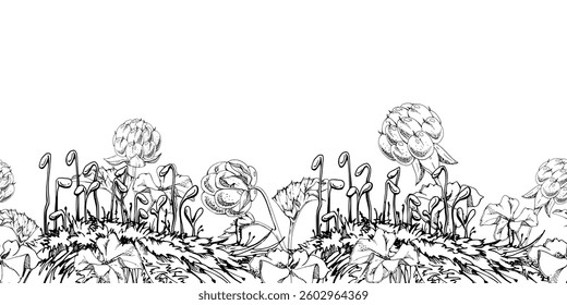 Cloudberry raspberry in moss grass, hand drawn vector ink, forest berry in group clusters on stems. Seamless banner garland illustration, for restaurant, dessert cafe menu, wedding, farmers market
