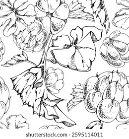 Cloudberry raspberry with plant brown leaves, hand drawn vector ink, line ripe forest berry on stems. Seamless pattern tile illustration, for restaurant, wedding, dessert cafe menu, farmers market