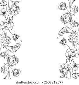 Cloudberry raspberry white flowers with autumn leaves, line ripe forest berry on stems hand drawn vector ink. Seamless banner garland illustration. Restaurant, cafe menu, wedding, farmers market
