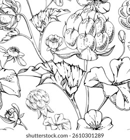 Cloudberry raspberry with white flowers, autumn leaves hand drawn vector ink, line ripe forest berry on stems. Seamless pattern wallpaper illustration. Restaurant, farmers market, cafe menu, wedding