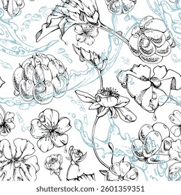 Cloudberry raspberry white flowers flying in water splashes waves drops, hand drawn vector ink, ripe line forest berry and leaves. Seamless banner illustration for cafe menu, wedding, farmers market