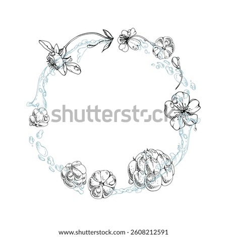 Cloudberry raspberry white flowers flying in water splashes drops, hand drawn vector ink, line forest berry leaves. Circle wreath frame illustration. Restaurant cafe menu, farmers market, juice bar