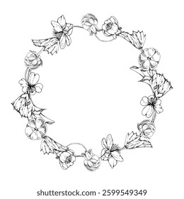Cloudberry raspberry with white flowers, hand drawn vector ink, ripe Scandinavian forest berry on stems. Isolated botanical wreath crown frame illustration. Restaurant, cafe menu, farmers market