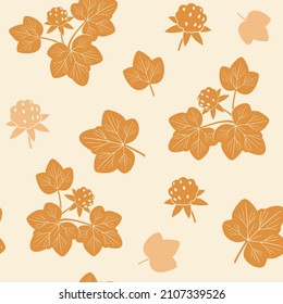 Cloudberry, royal berry. Seamless vector orange pattern of cloudberry bushes, berries and leaves isolated on a light background.
