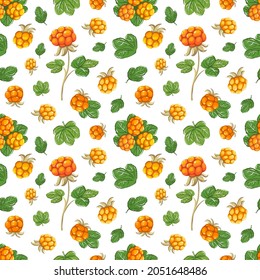 Cloudberry seamless pattern. Northern berries on a white background. Wild orange berry and green leaves. Vector botanical illustration.