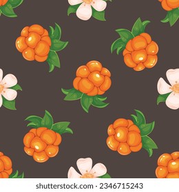 Cloudberry seamless vector pattern on a dark background.