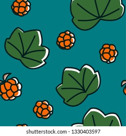 Cloudberry seamless vector pattern. Orange Scandinavian berries and green leaves on blue background. Good for textile and backgrounds.