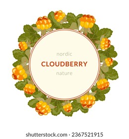 Cloudberry vector frame. Round label template with yellow orange berries and leaves. Northern bakeapple fruit banner isolated on white background. Hand drawn arctic organic vitamin food illustration