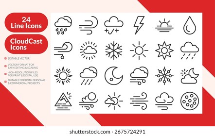 Conjunto de iconos de línea de Cloudcast. 24 Iconos de líneas de Clima con sol, lluvia, tormenta, nieve, nube y luna. Perfecto para App, Web y pronóstico.