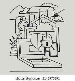 Cloude of secure house and laptop. free hand draw style. Sketch or Note. 