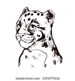Clouded leopard baby tabby Neofelis wild cat from Himalayan t-shirt print, isolated monochrome design sketch. Vector illustration of mainland Sunda clouded leopard, hunting season wildcat portrait