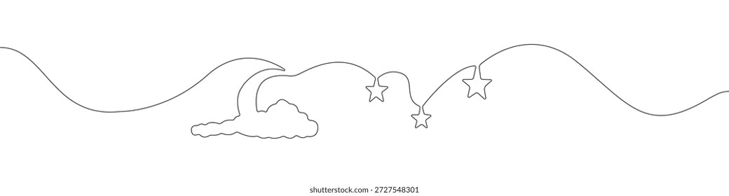 Vetor de desenho contínuo de linha de ícone de Lua Nua. Nuvens de uma linha com plano de fundo vetorial do ícone de estrela. ícone Nuvens. O contorno contínuo de uma estrela com ícone de lua.