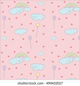 Cloud,rainbow and balloon cute hand drawn pastel vector pattern