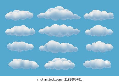 Nubes 3d. Ilustración vectorial de representación en la nube, representación de humo en el cielo de la mosca, iconos de remolque divertidos, imagen de cúmulo de la atmósfera, nebulosidad geométrica suave