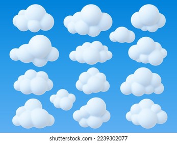 Clouds 3d design, abstract soft cloud simple design. Sky cartoon elements, weather bubbles icons. Data symbols, trendy white realistic pithy vector set