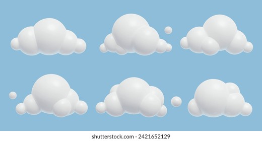 Clouds 3D realistic vector illustrations. Three dimensional baby toy cartoon plastic summer sky elements collection.