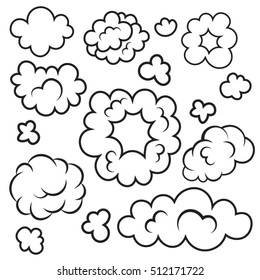 Aire nublado. Dibujo de nubes. Conjunto de nubes. Nubes cielo. Fondo de nubes. Vector nubes