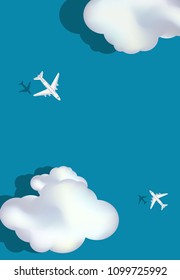 Clouds and airplanes in the sky. View above. Vector illustration