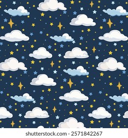 Clouds among stars in a pattern.Vector seamless pattern with white clouds and colorful stars on a blue background.