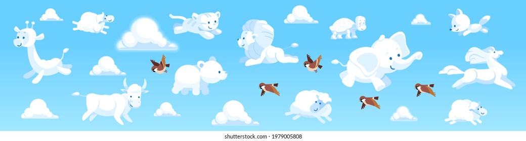 Clouds animal shapes with giraffe, elephant, lion, sheep, bear, cow, horse, tiger, fox, turtle on the sky with birds. Cartoon vector illustration. Blue background with funny different clouds animal.