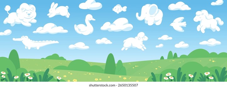 Clouds animal shapes landscape. Funny elephant bunny sheep goose flying in blue sky under green valley and hills. Cartoon fantasy racy vector nature background