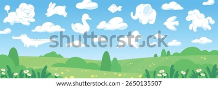 Clouds animal shapes landscape. Funny elephant bunny sheep goose flying in blue sky under green valley and hills. Cartoon fantasy racy vector nature background
