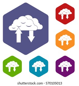 Clouds with arrows icons set rhombus in different colors isolated on white background
