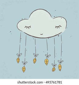 Clouds and autumn leaves. Beautiful poster for baby rooms. Autumn colors. suitable for printing on a t-shirt or sweatshirt, shirt design, print cloud, sketch cloud, Children's  shirt. Cute cloud 